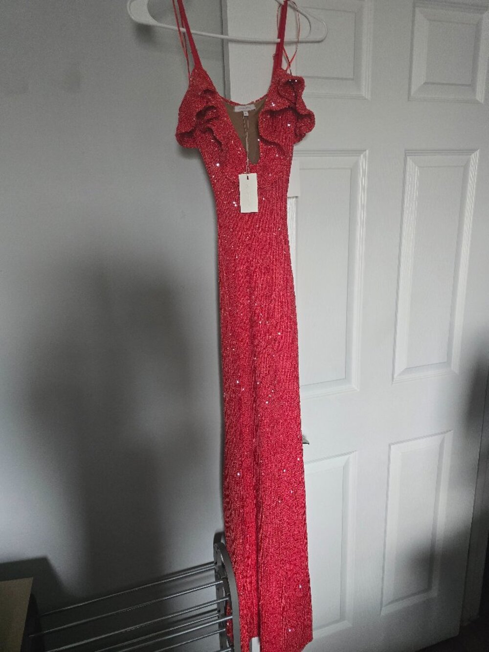 JLUXLABEL Red Beaded Ruffle V-Neck Maxi Dress - Picture 9 of 10